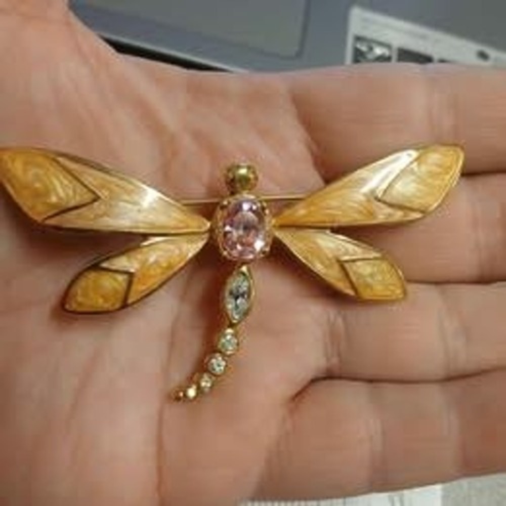 Vintage K.J.L. for Avon Dragonfly Brooch Gold Tone Pink Rhinestone Enamel